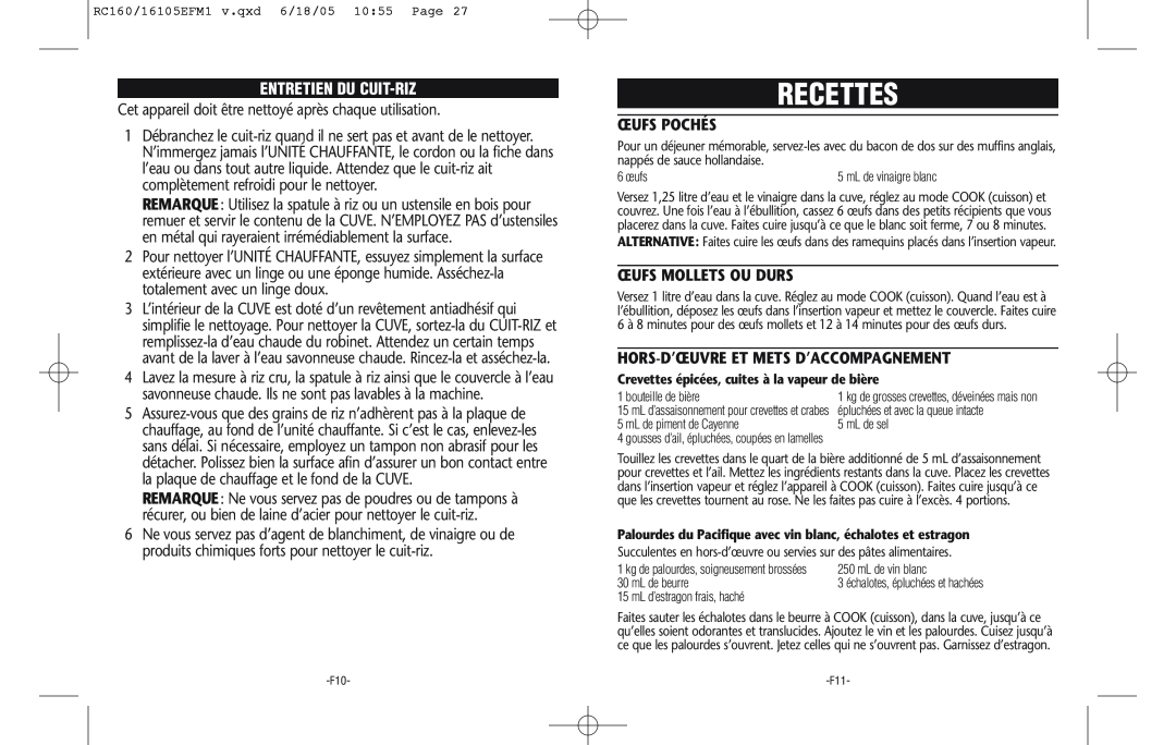 Rival RC161 Recettes, Entretien Du Cuit-Riz, Œufs Pochés, Œufs Mollets Ou Durs, Hors-D’Œuvre Et Mets D’Accompagnement 