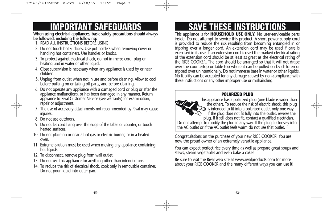 Rival RC161 warranty Important Safeguards, Save These Instructions, Polarized Plug 