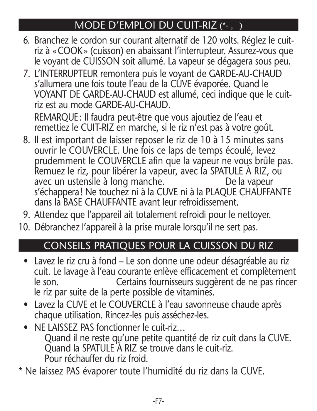 Rival RC61-CN manual Conseils Pratiques Pour LA Cuisson DU RIZ, NE Laissez PAS fonctionner le cuit-riz… 