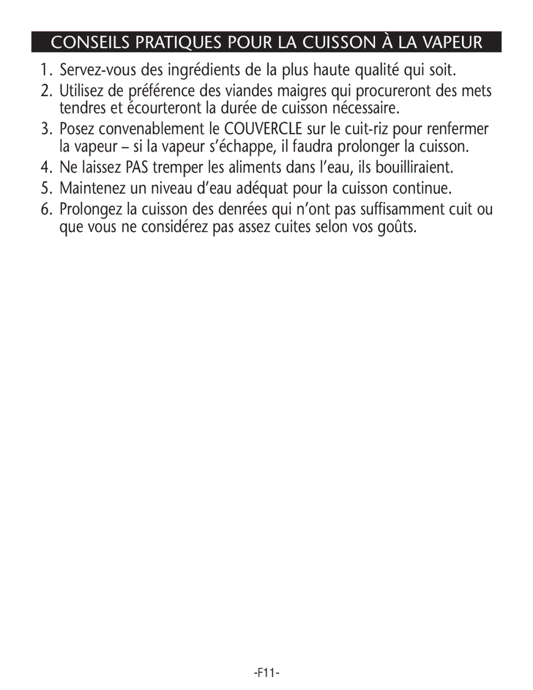 Rival RC61-CN Conseils Pratiques Pour LA Cuisson À LA Vapeur, Maintenez un niveau d’eau adéquat pour la cuisson continue 