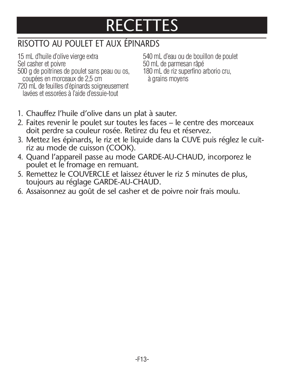 Rival RC61-CN manual Recettes, Risotto AU Poulet ET AUX Épinards 