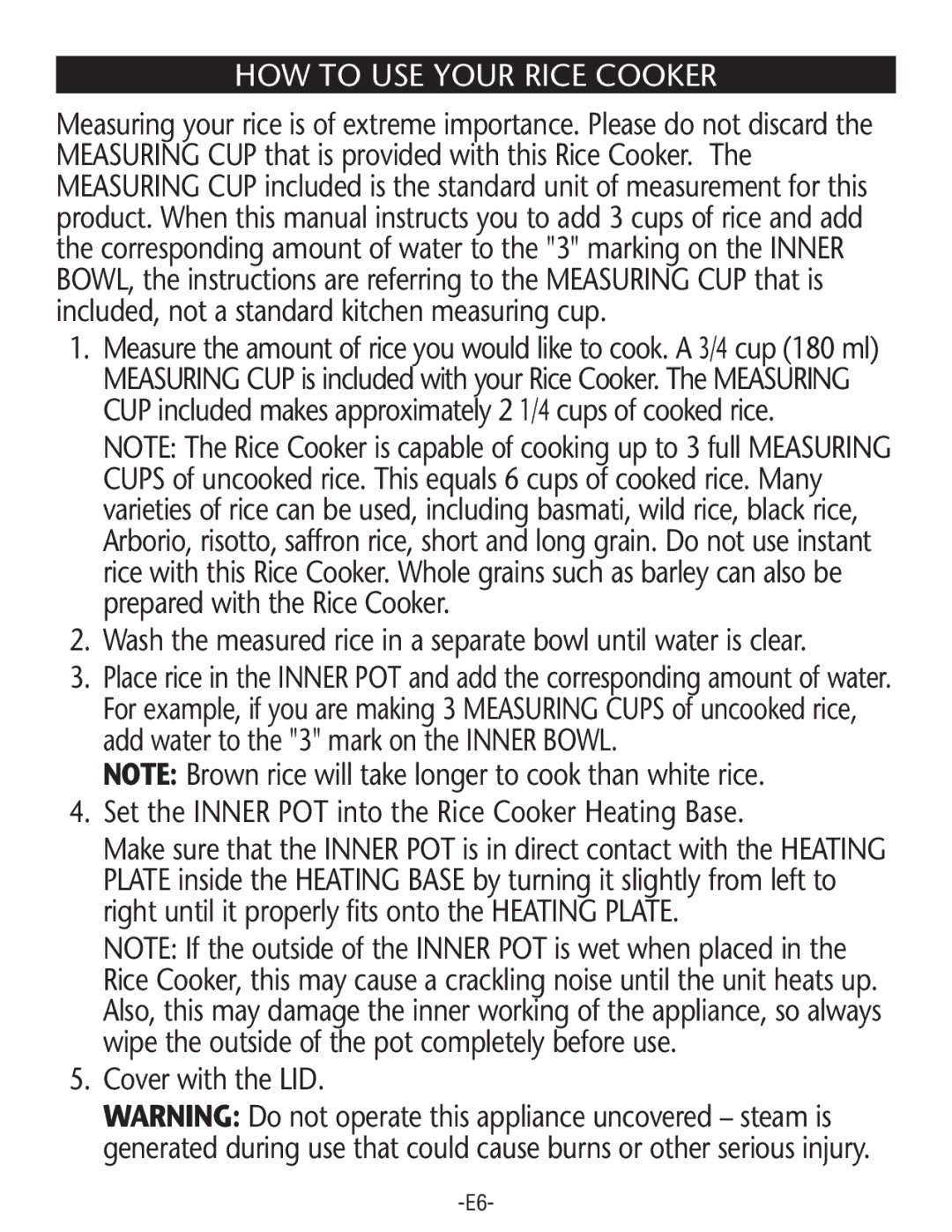 Rival RC61-CN manual HOW to USE Your Rice Cooker, Set the Inner POT into the Rice Cooker Heating Base, Cover with the LID 