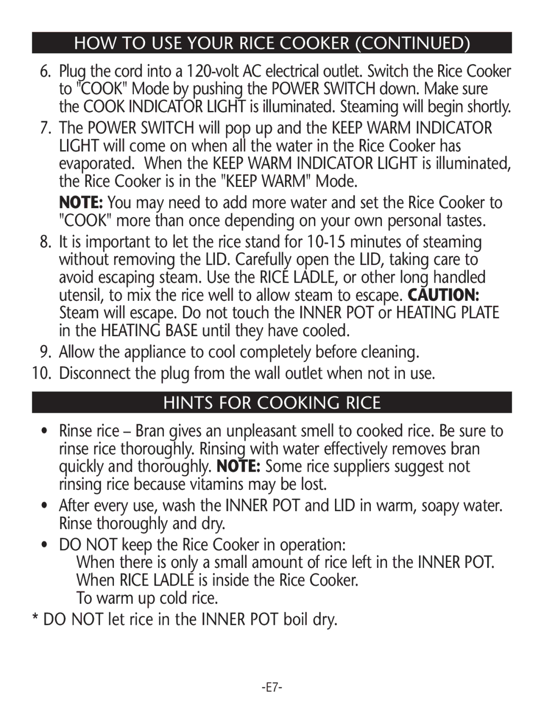 Rival RC61-CN manual Hints for Cooking Rice 