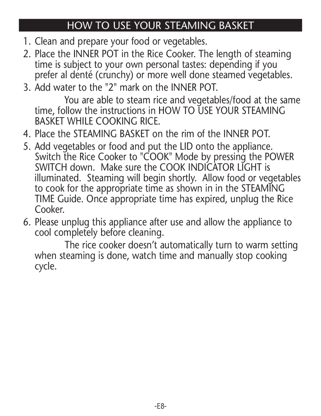 Rival RC61-CN manual HOW to USE Your Steaming Basket, Clean and prepare your food or vegetables 