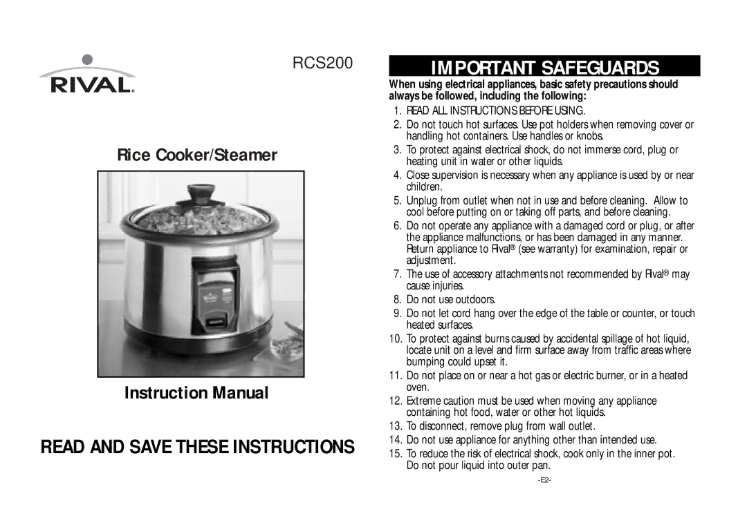 Rival RCS200 instruction manual Important Safeguards, Read ALL Instructions Before Using 