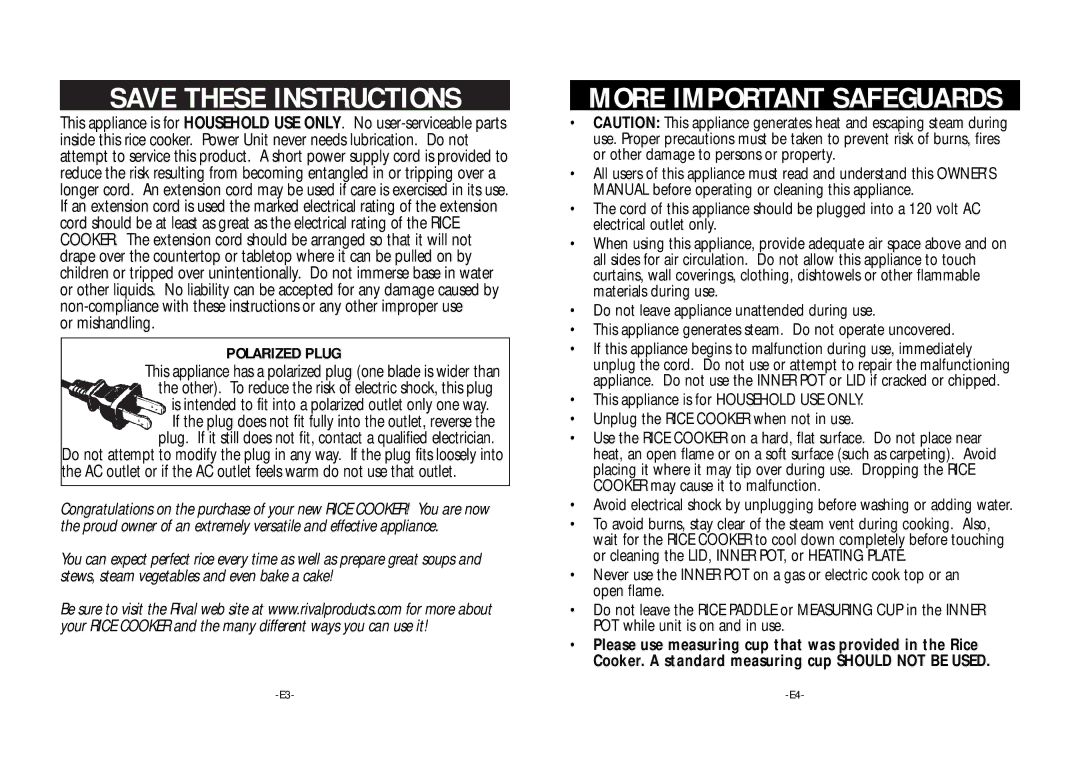 Rival RCS200 instruction manual Or mishandling, Polarized Plug 