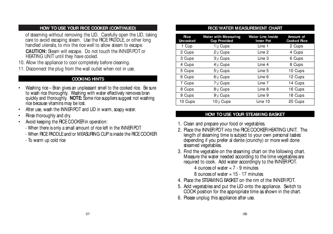 Rival RCS200 Cooking Hints, To warm up cold rice, RICE/WATER Measurement Chart, HOW to USE Your Steaming Basket 