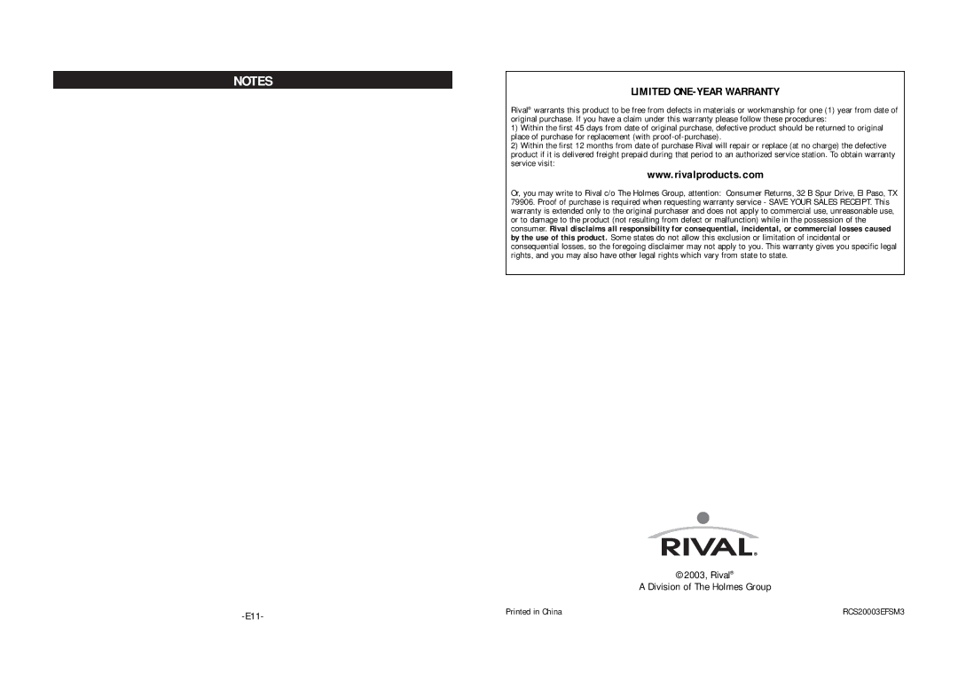 Rival RCS200 instruction manual Limited ONE-YEAR Warranty 