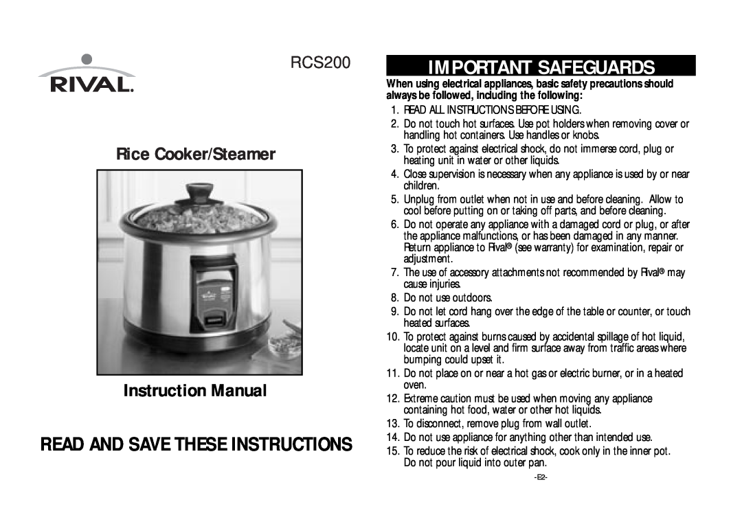 Rival RCS200 instruction manual Important Safeguards, Rice Cooker/Steamer, Read And Save These Instructions 