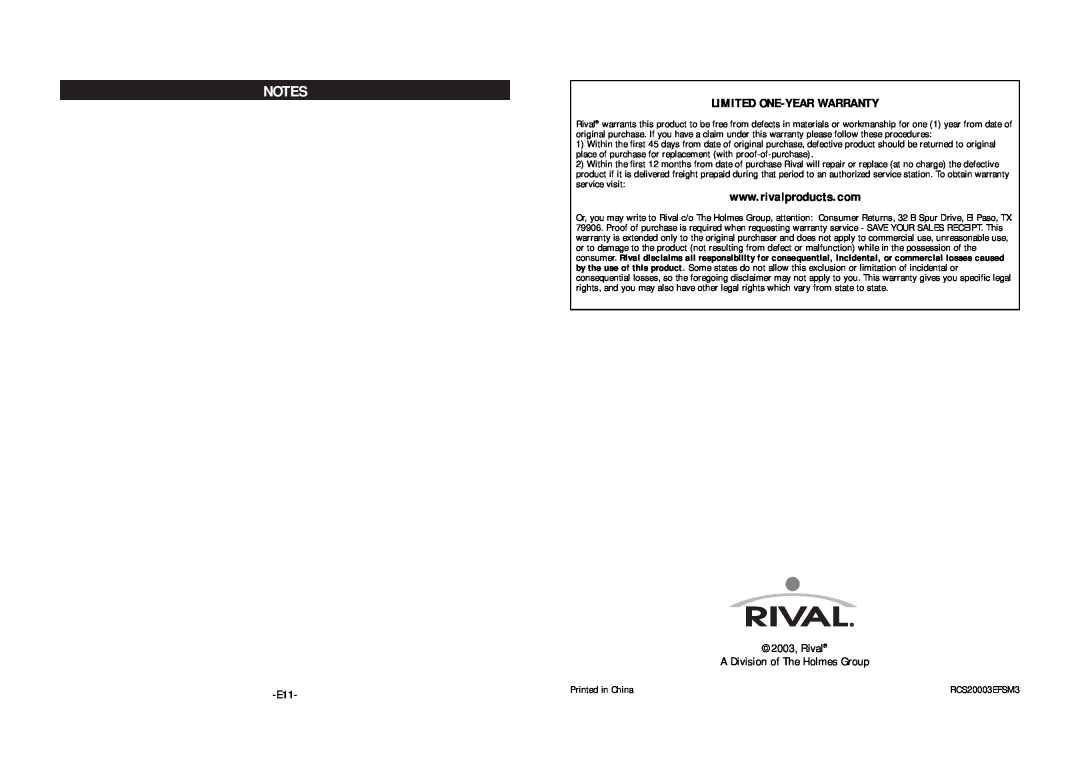 Rival RCS200 instruction manual Limited One-Year Warranty, 2003, Rival A Division of The Holmes Group 
