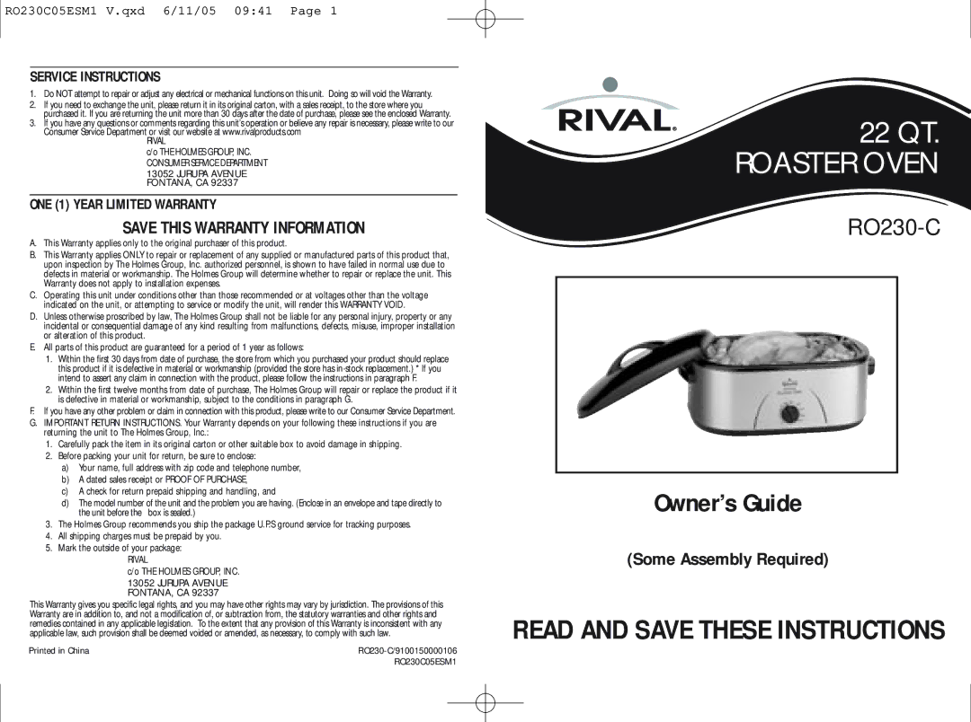 Rival RO230-C warranty Service Instructions, ONE 1 Year Limited Warranty 