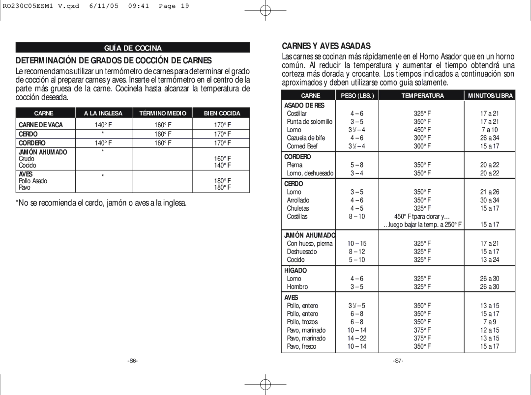 Rival RO230-C warranty Guía DE Cocina, Determinación DE Grados DE Cocción DE Carnes, Carnes Y Aves Asadas 