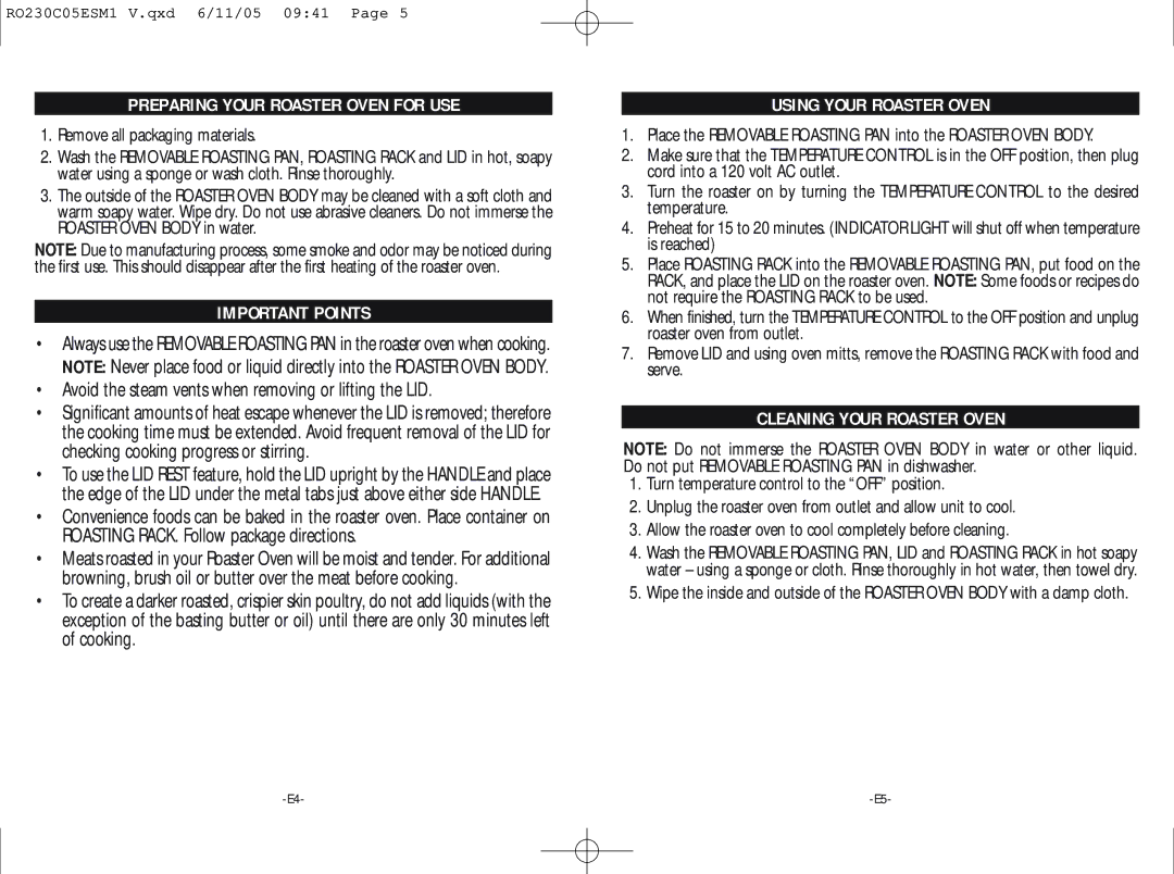 Rival RO230-C Preparing Your Roaster Oven for USE, Important Points, Using Your Roaster Oven, Cleaning Your Roaster Oven 