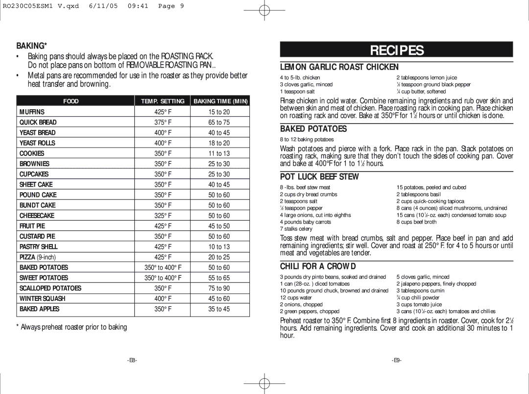 Rival RO230-C warranty Baking, Lemon Garlic Roast Chicken, Baked Potatoes, POT Luck Beef Stew, Chili for a Crowd 