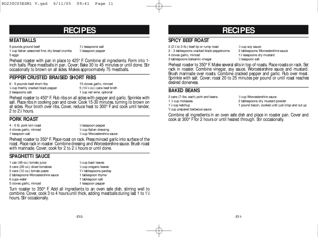 Rival RO230-C Meatballs, Pepper Crusted Braised Short Ribs, Pork Roast, Spaghetti Sauce, Spicy Beef Roast, Baked Beans 