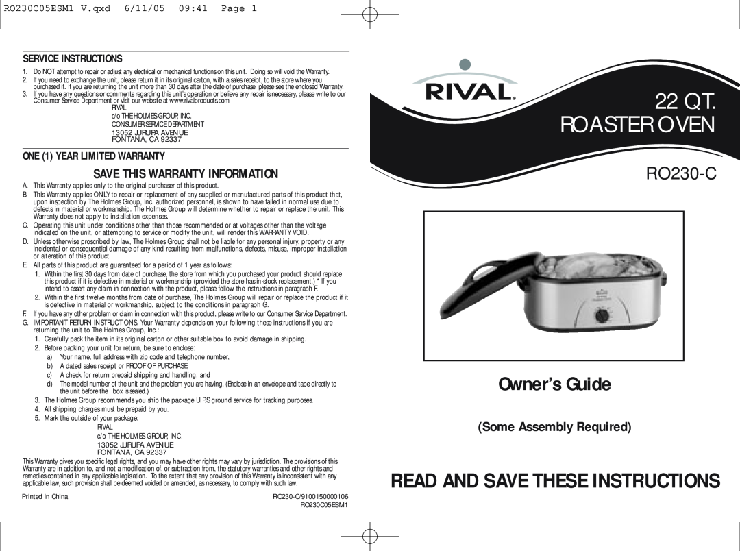 Rival RO230-C warranty Owner’s Guide, Save This Warranty Information, Some Assembly Required, Service Instructions 