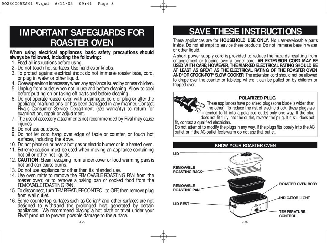 Rival RO230-C warranty Important Safeguards For, Save These Instructions, Polarized Plug, Know Your Roaster Oven 