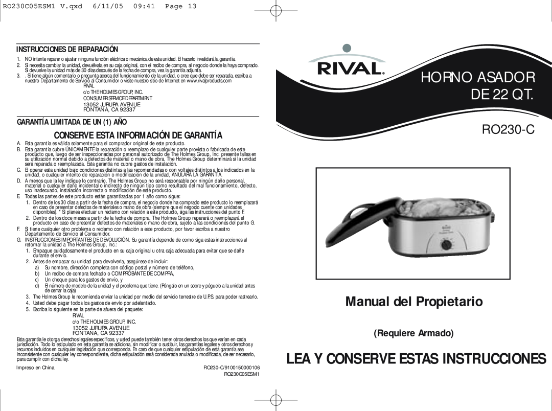 Rival RO230-C warranty Manual del Propietario, Requiere Armado, Instrucciones De Reparación, GARANTÍA LIMITADA DE UN 1 AÑO 