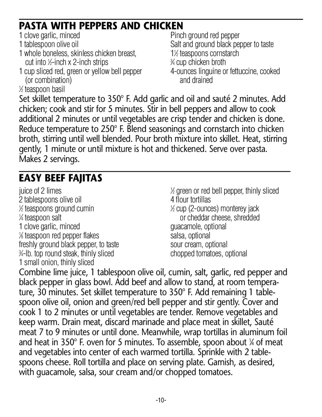 Rival S12 G manual Pasta with Peppers and Chicken, Easy Beef Fajitas, 11⁄2 teaspoons cornstarch 