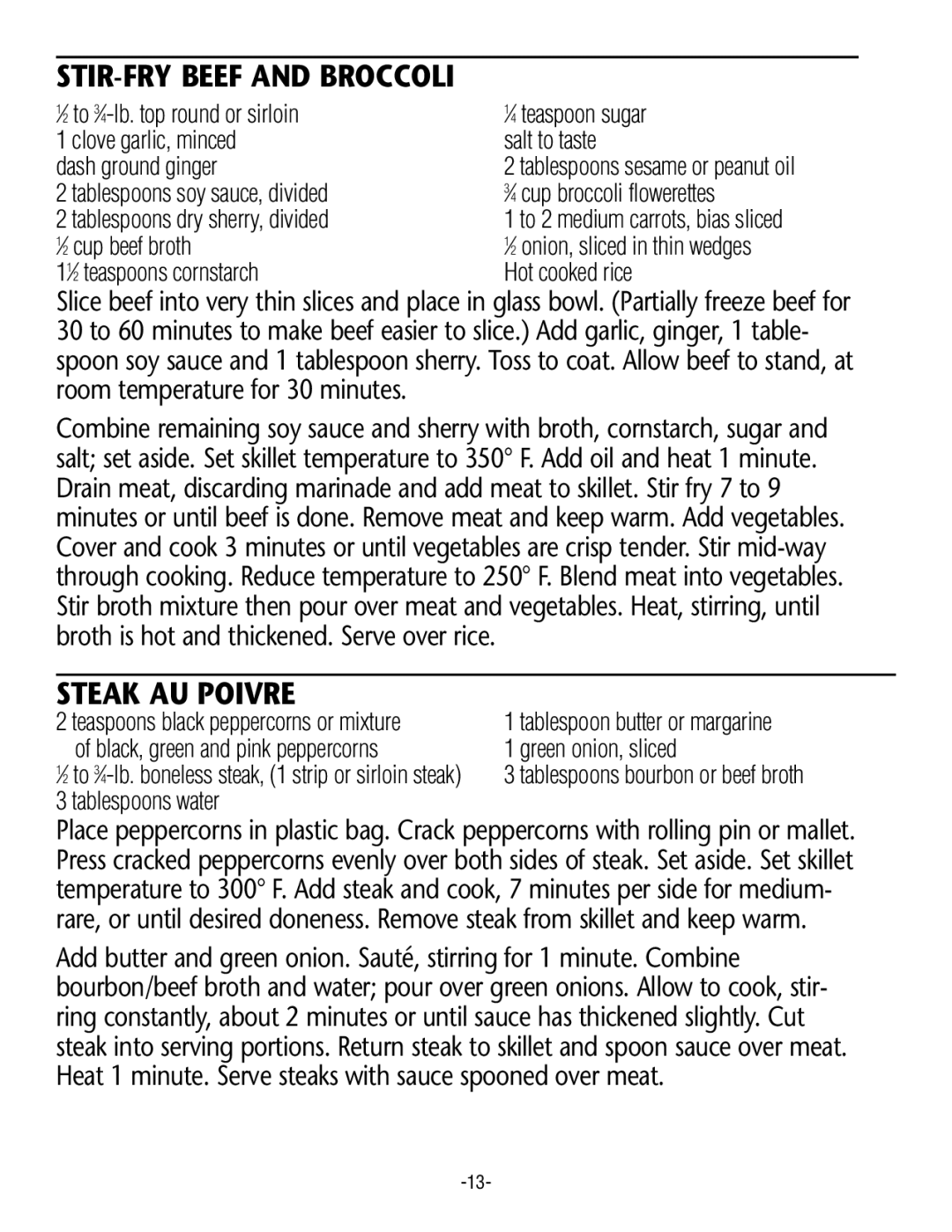 Rival S12 G manual STIR-FRY Beef and Broccoli, Steak AU Poivre, ⁄2 cup beef broth 