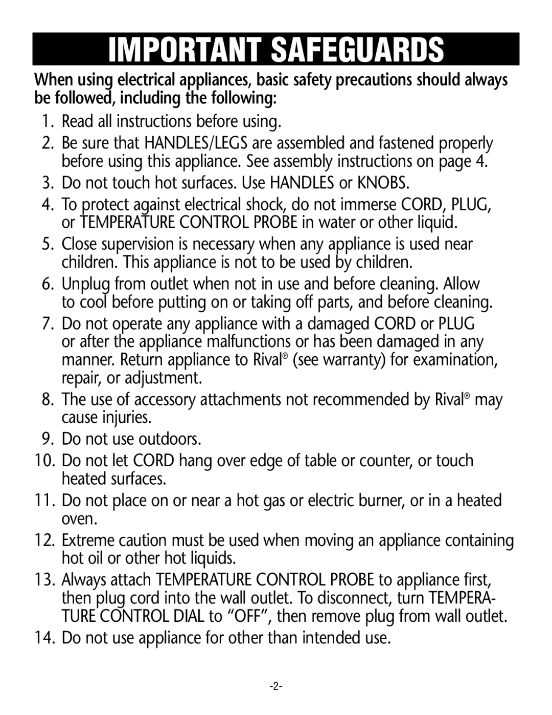 Rival S12 G manual Important Safeguards 