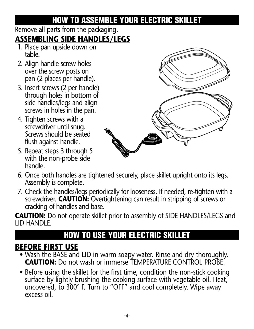 Rival S12 G manual HOW to Assemble Your Electric Skillet, Assembling Side HANDLES/LEGS, HOW to USE Your Electric Skillet 