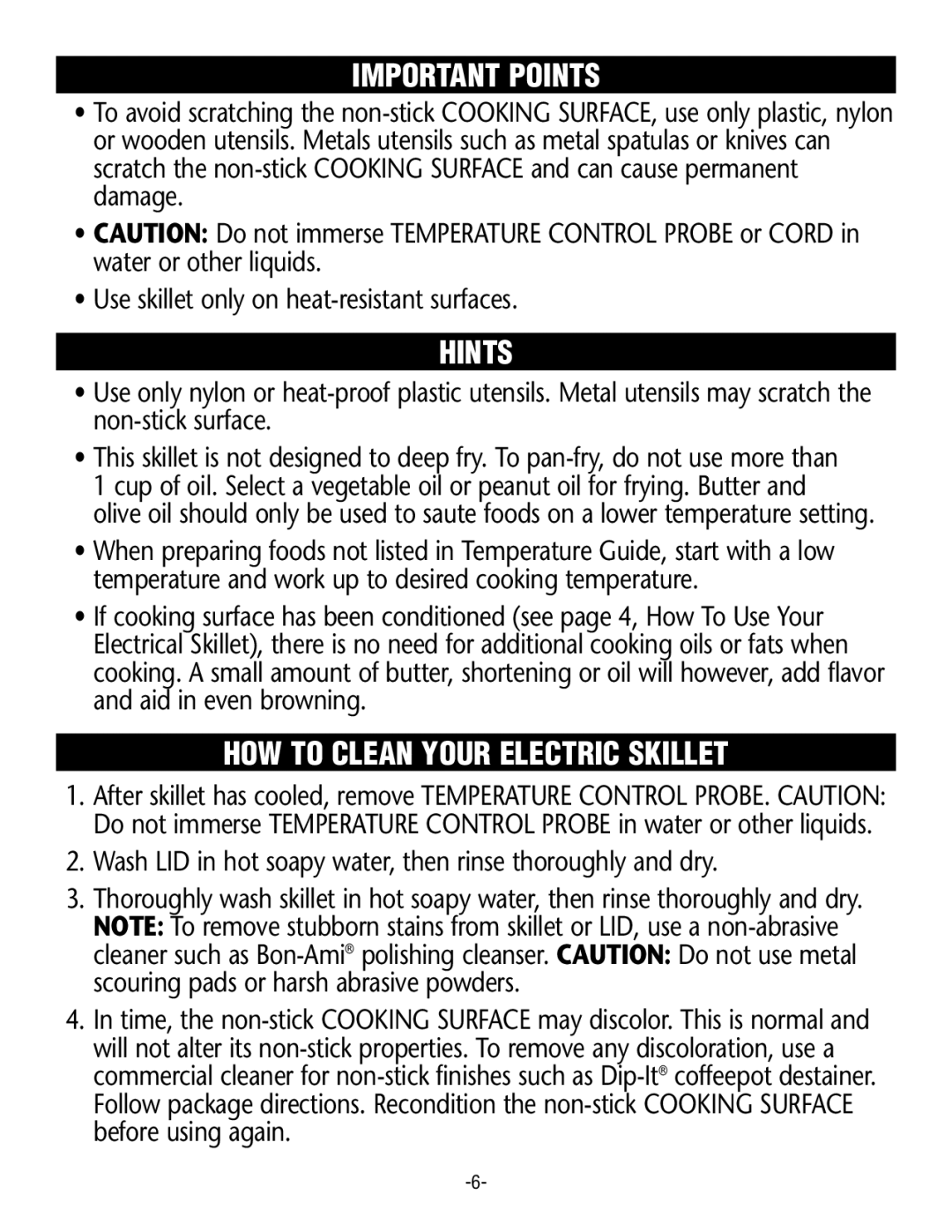 Rival S12 G manual Important Points, Hints, HOW to Clean Your Electric Skillet 