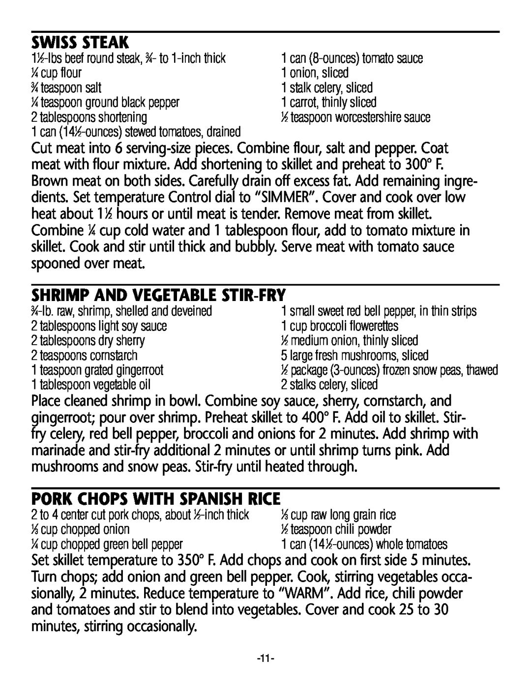 Rival S12 G manual Swiss Steak, Shrimp And Vegetable Stir-Fry, Pork Chops With Spanish Rice 