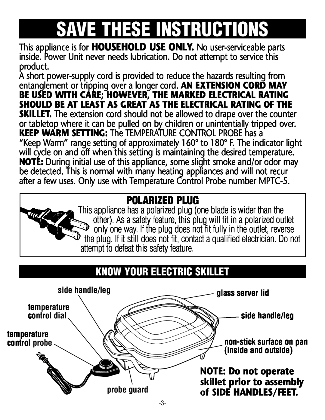 Rival S12 G manual Know Your Electric Skillet, Save These Instructions, Polarized Plug, side handle/leg, probe guard 