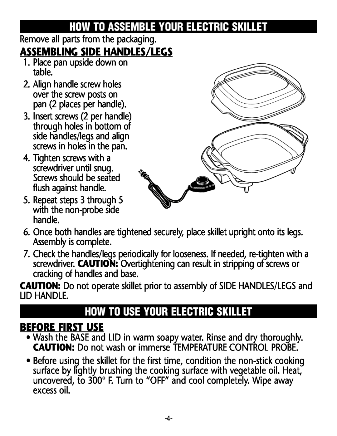 Rival S12 G manual How To Assemble Your Electric Skillet, Assembling Side Handles/Legs, How To Use Your Electric Skillet 