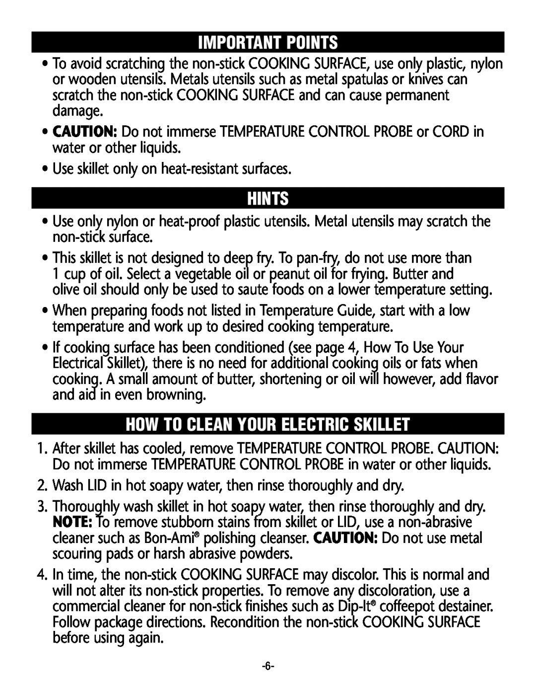 Rival S12 G manual Important Points, Hints, How To Clean Your Electric Skillet 