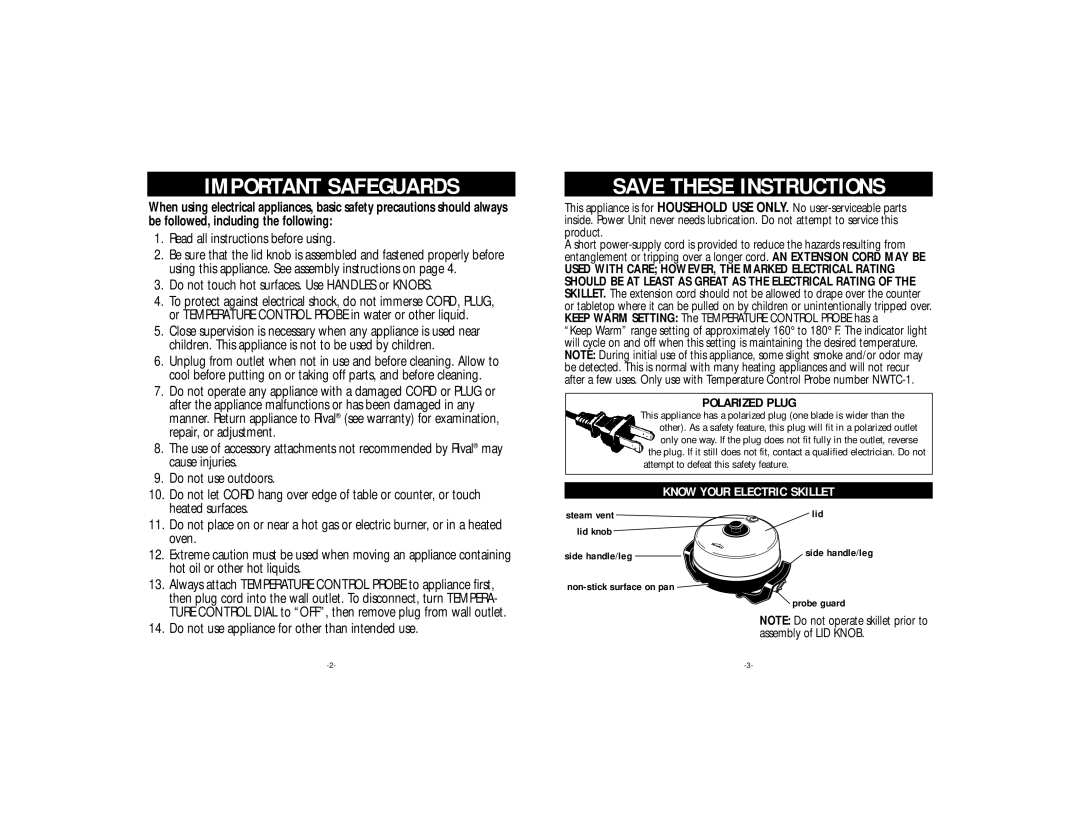 Rival S12-WN manual Important Safeguards, Know Your Electric Skillet 