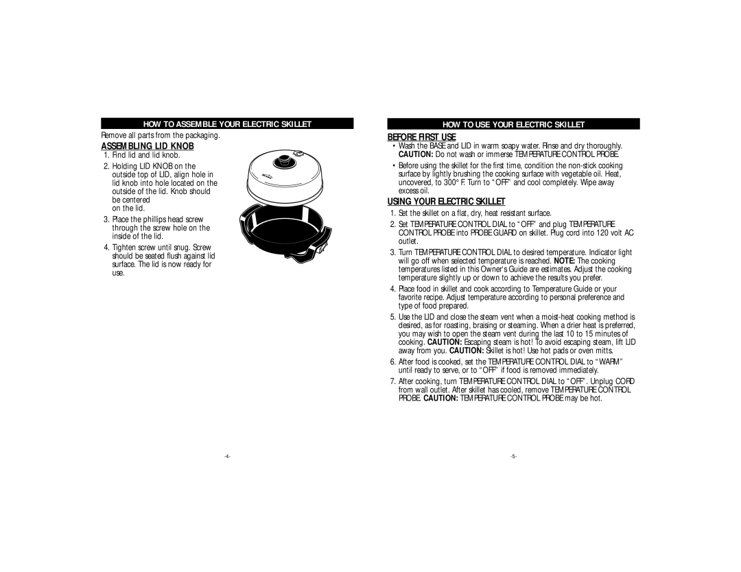 Rival S12-WN manual HOW to Assemble Your Electric Skillet, HOW to USE Your Electric Skillet, Assembling LID Knob 