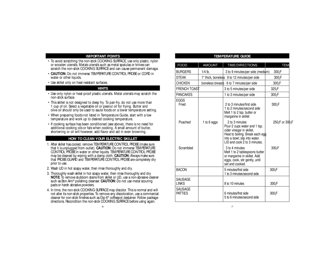 Rival S12-WN manual Important Points, Hints, HOW to Clean Your Electric Skillet, Temperature Guide 