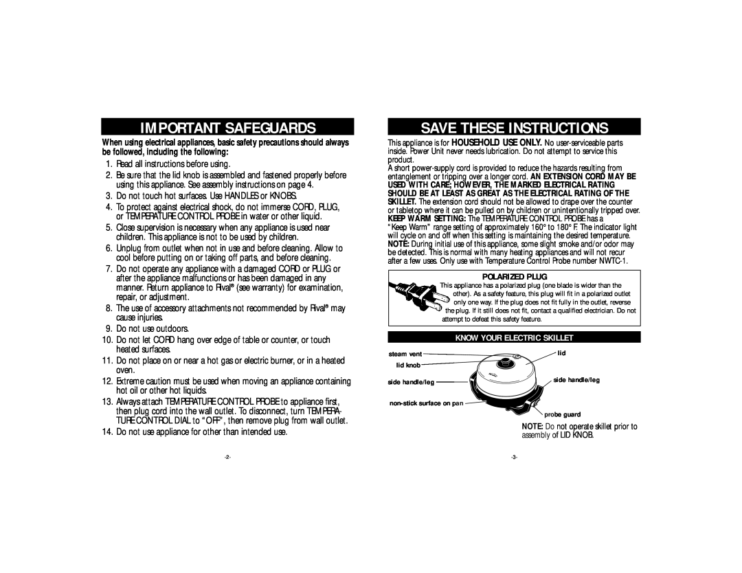 Rival S12-WN manual Important Safeguards, Know Your Electric Skillet, lid side handle/leg probe guard, Polarized Plug 