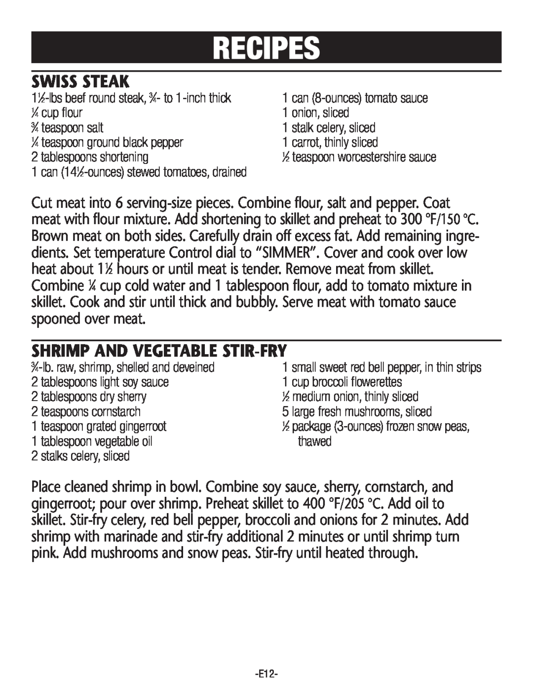 Rival S160 manual Recipes, Swiss Steak, Shrimp And Vegetable Stir-Fry 