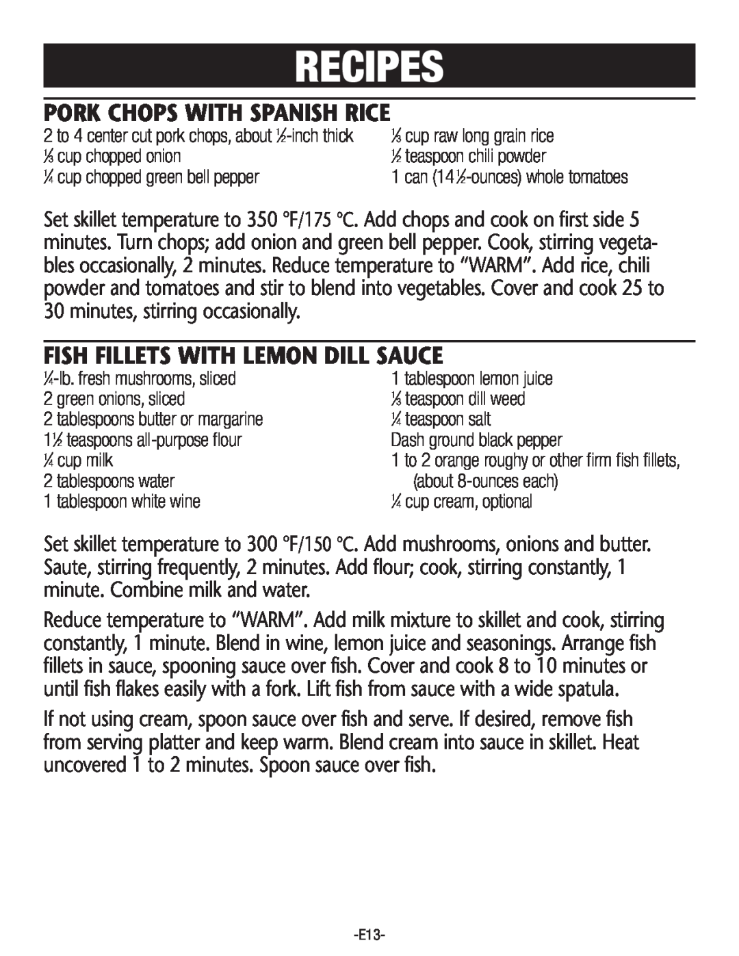 Rival S160 manual Recipes, Pork Chops With Spanish Rice, Fish Fillets With Lemon Dill Sauce 