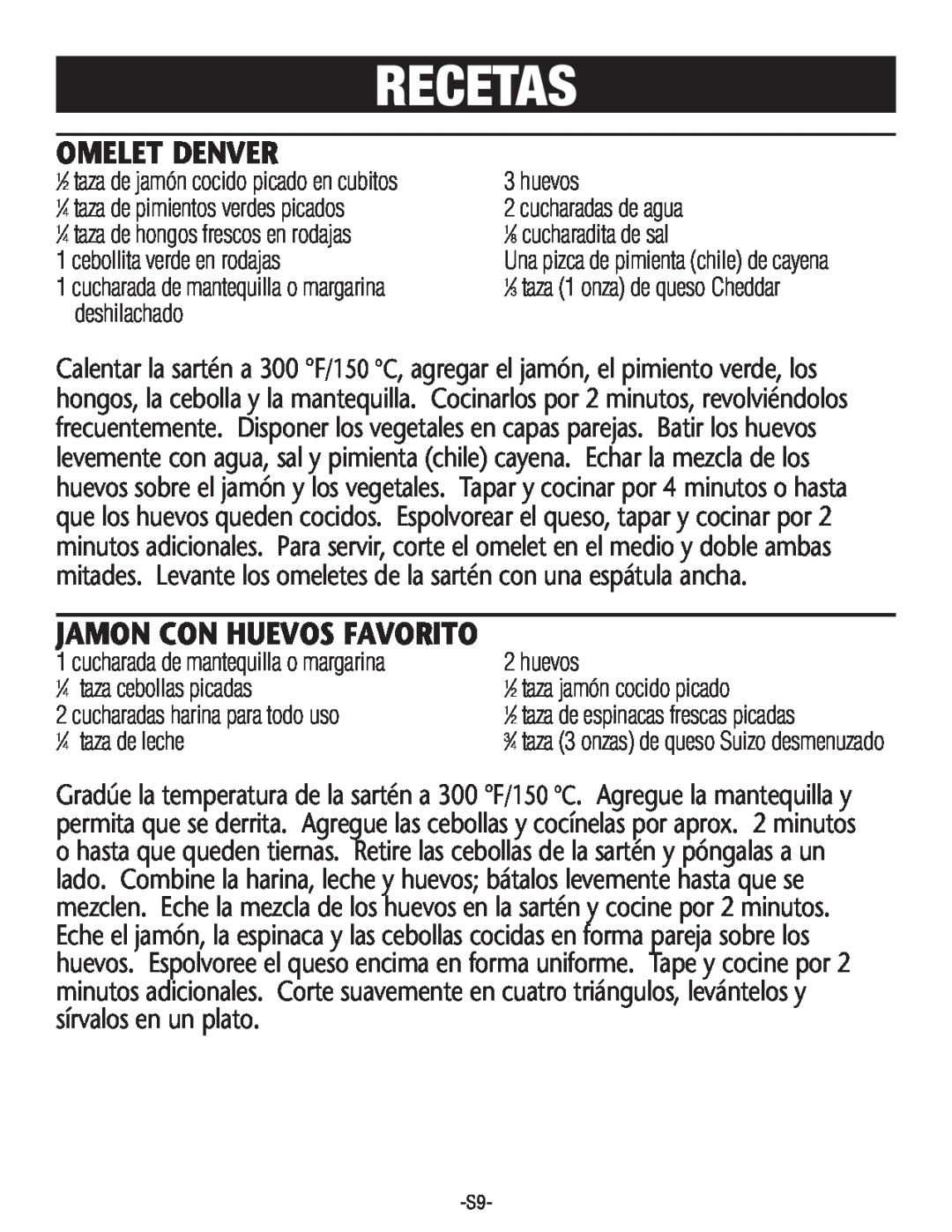 Rival S160 manual Recetas, Omelet Denver, Jamon Con Huevos Favorito 