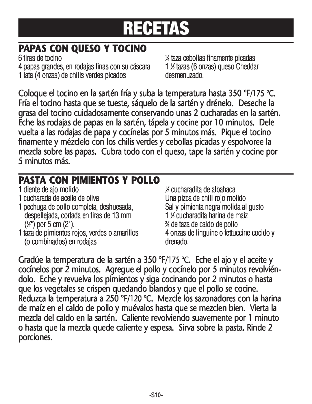 Rival S160 Recetas, Papas Con Queso Y Tocino, Pasta Con Pimientos Y Pollo, tiras de tocino, desmenuzado, 1⁄2 por 5 cm 