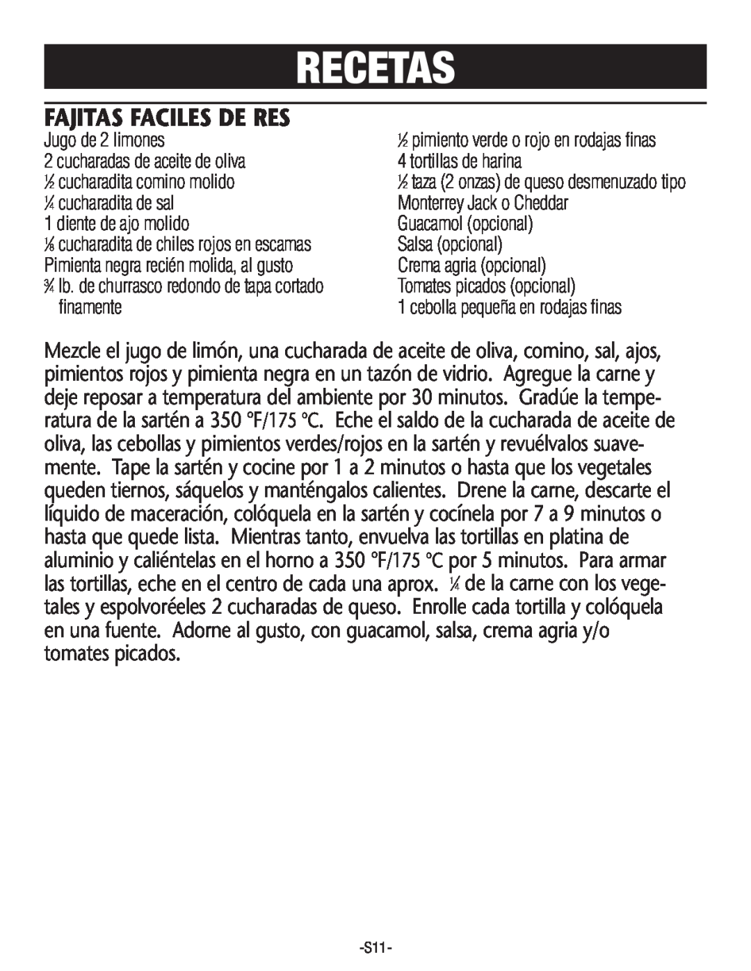 Rival S160 manual Recetas, Fajitas Faciles De Res, Jugo de 2 limones 2 cucharadasde aceitede oliva, dientede ajo molido 