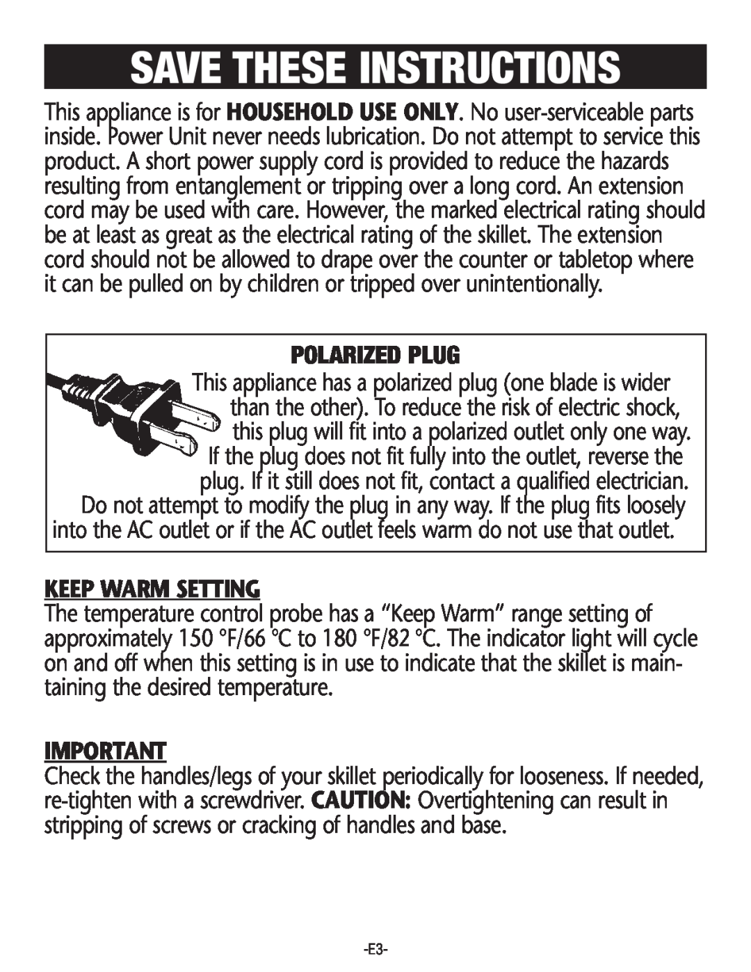 Rival S160 manual Save These Instructions, Polarized Plug, Keep Warmsetting 