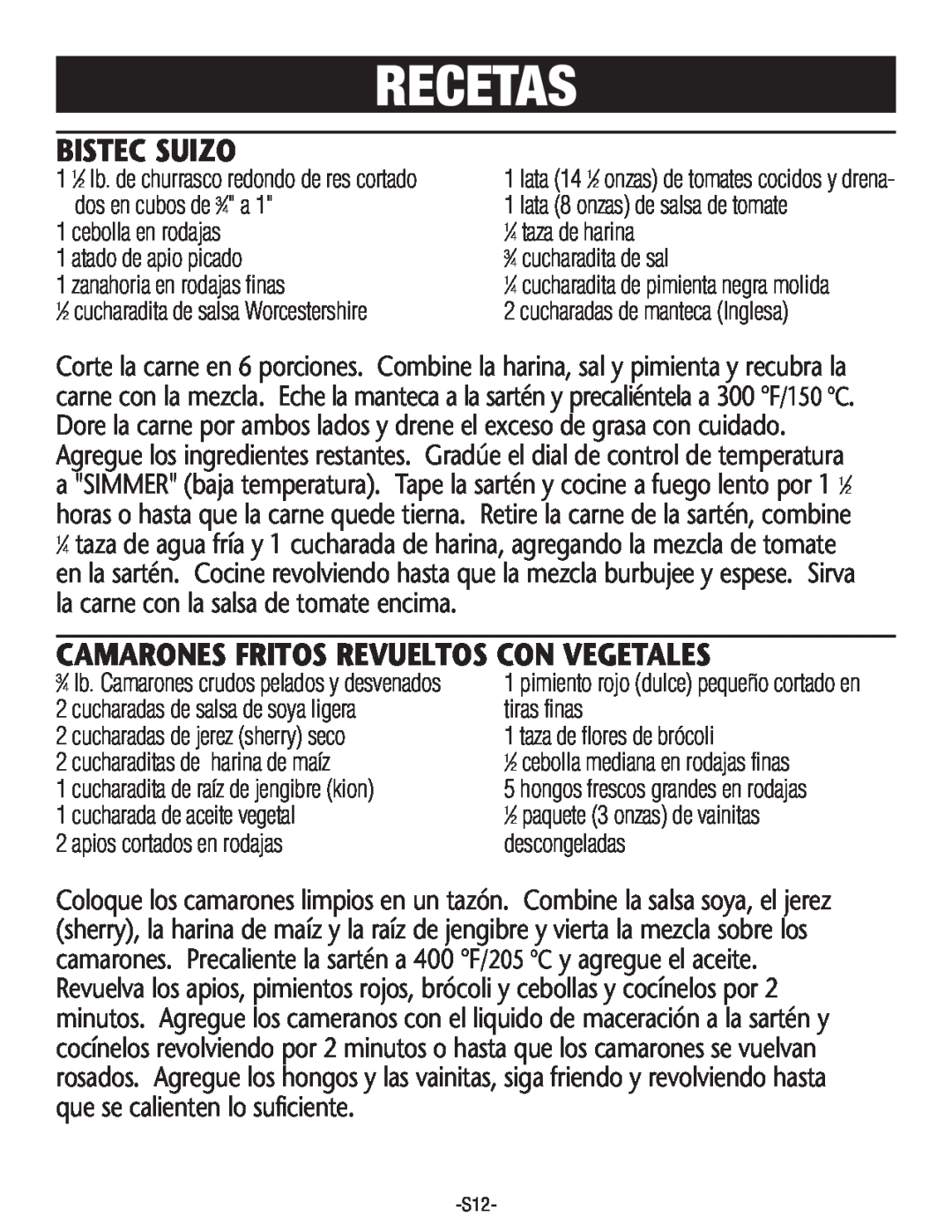 Rival S160 manual Recetas, Bistec Suizo, Camarones Fritos Revueltos Con Vegetales 