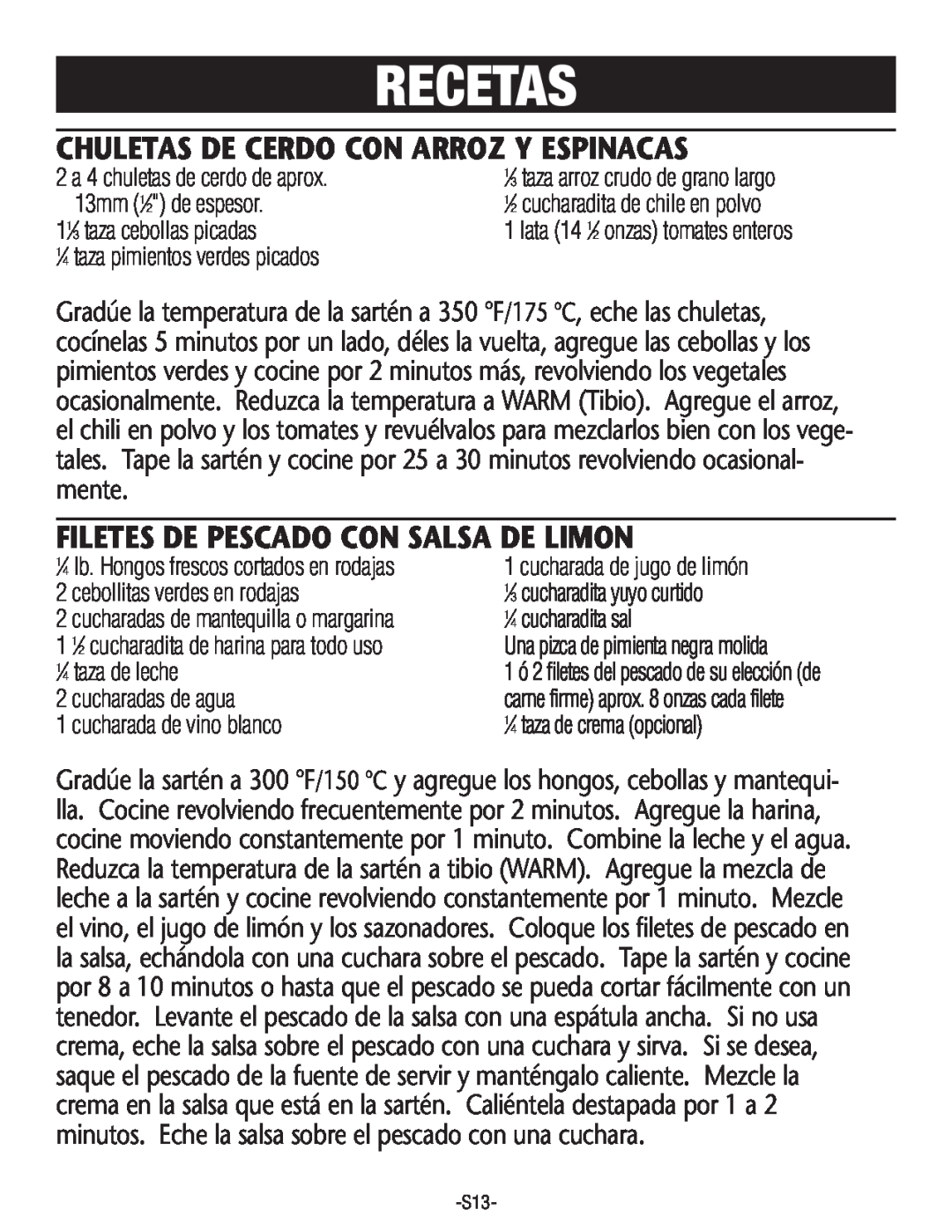 Rival S160 manual Recetas, Chuletas De Cerdo Con Arroz Y Espinacas, Filetes De Pescado Con Salsa De Limon 