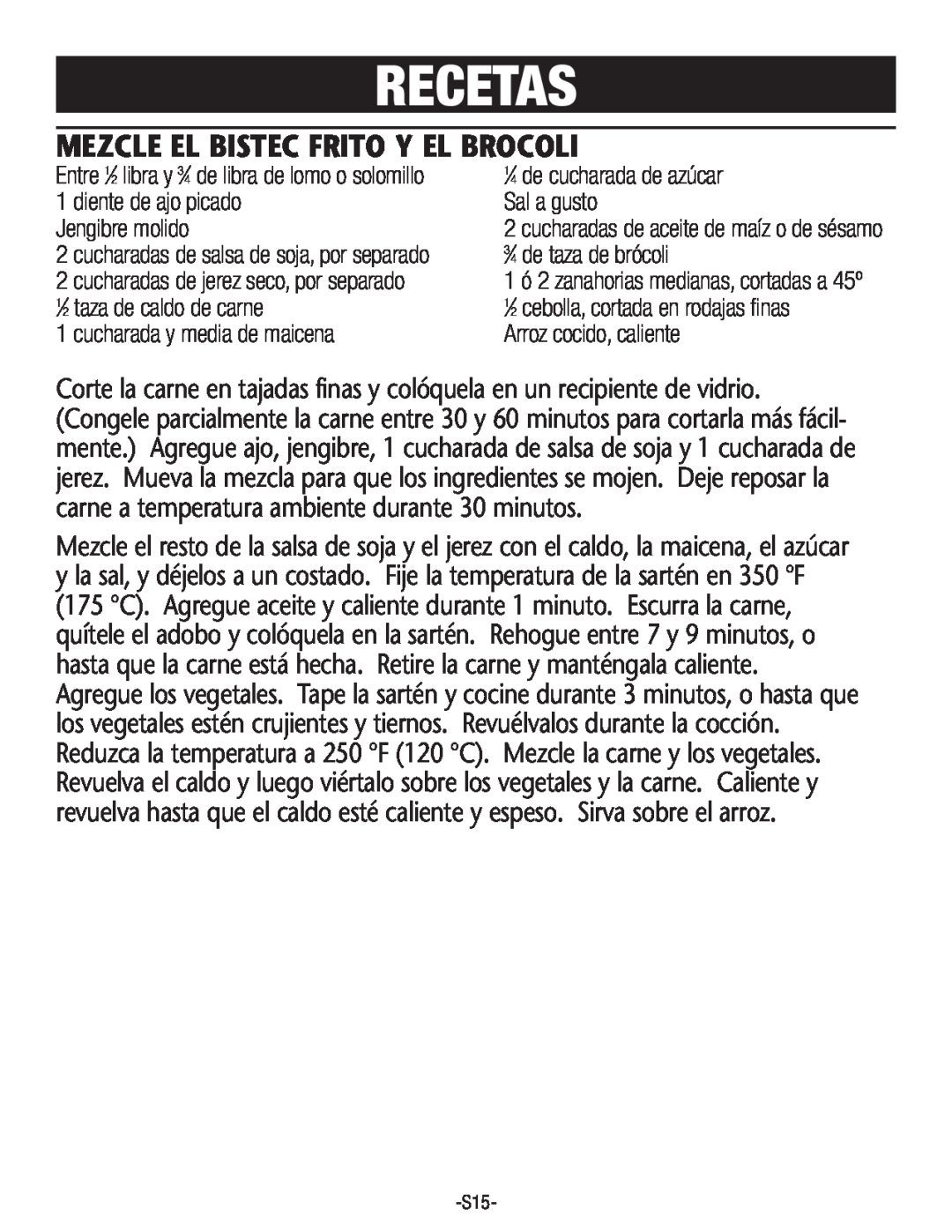 Rival S160 manual Recetas, Mezcle El Bistec Frito Y El Brocoli 