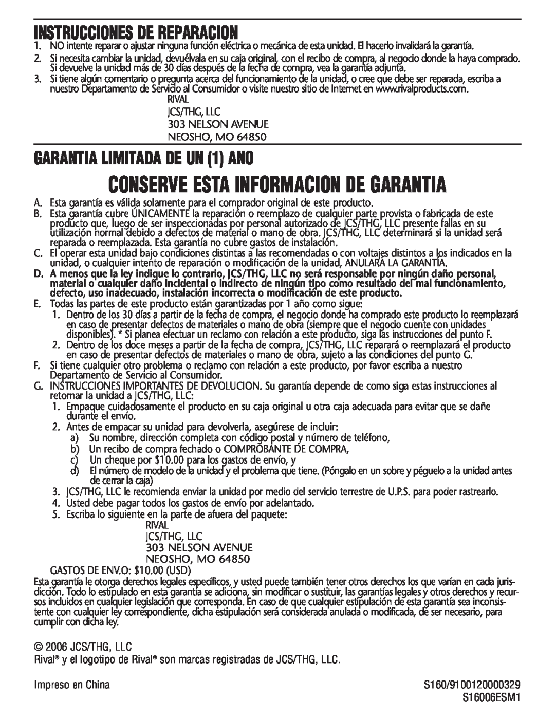Rival S160 manual Conserve Esta Informacion De Garantia, Instrucciones De Reparacion, GARANTIA LIMITADA DE UN 1 ANO 