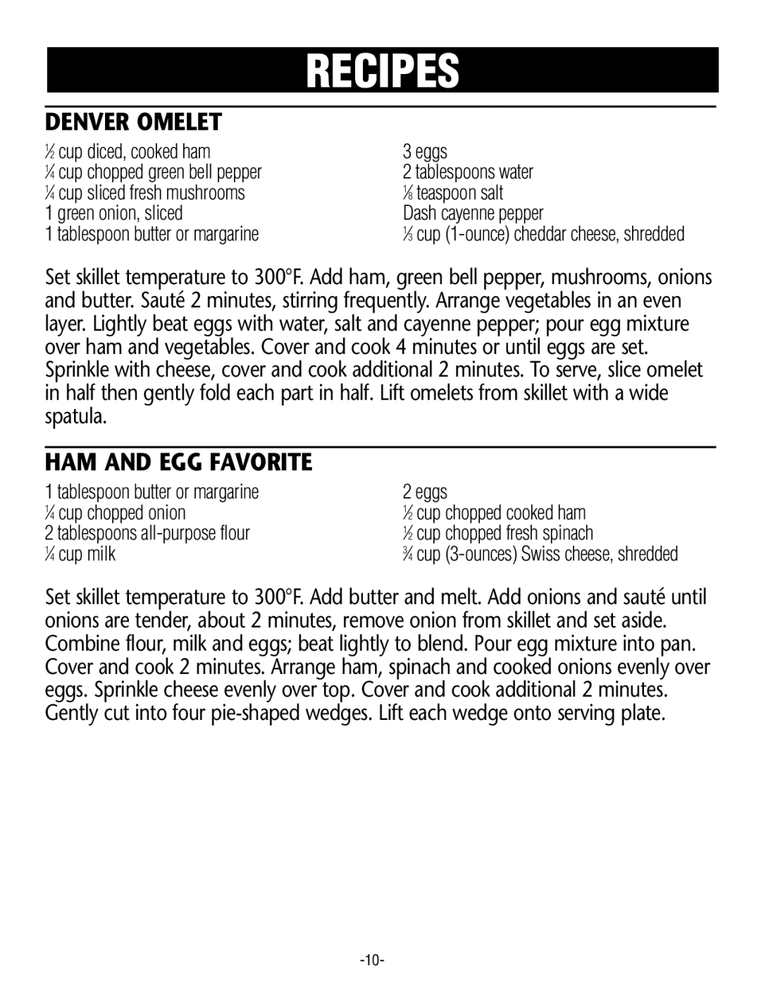 Rival S16RB manual Denver Omelet, HAM and EGG Favorite 