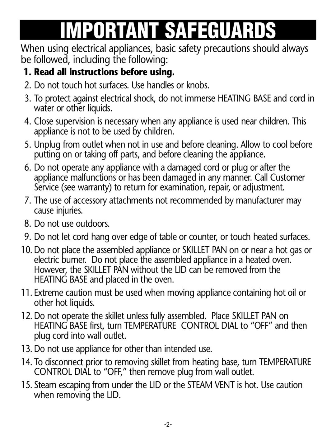 Rival S16RB manual Important Safeguards 