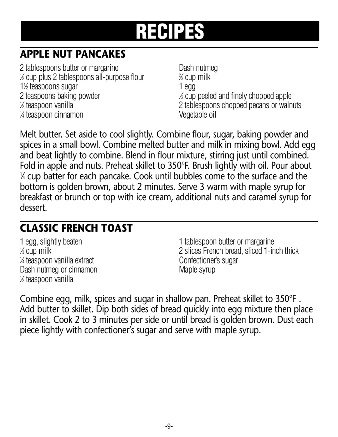 Rival S16RB manual Apple NUT Pancakes, Classic French Toast 