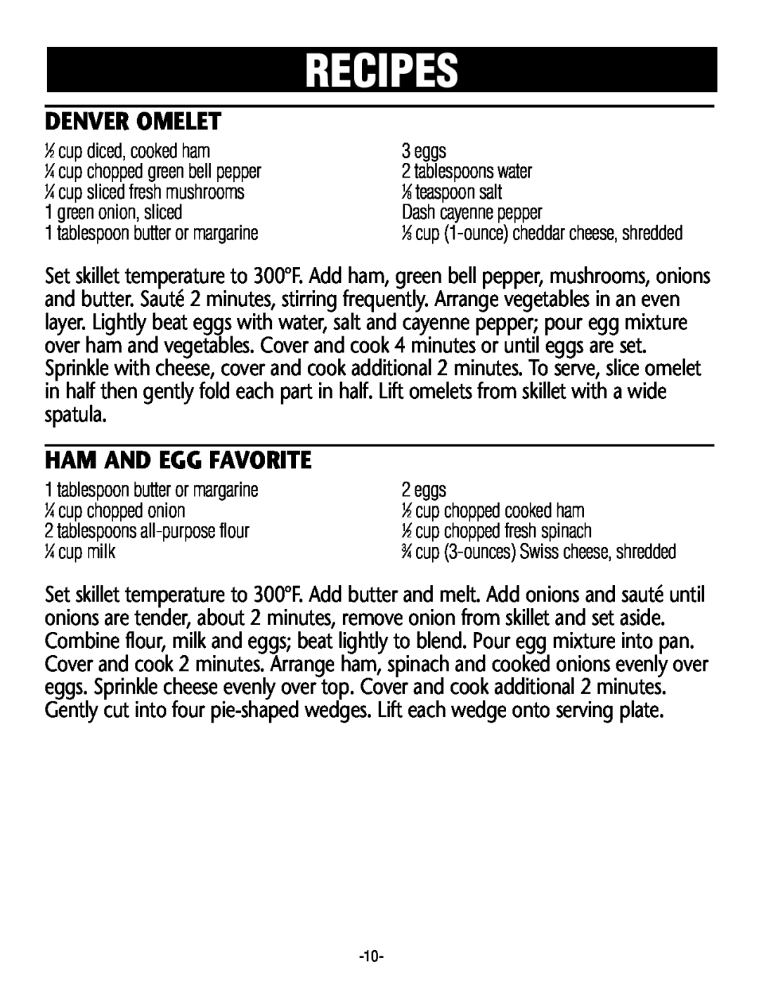 Rival S16RB manual Denver Omelet, Ham And Egg Favorite, Recipes 