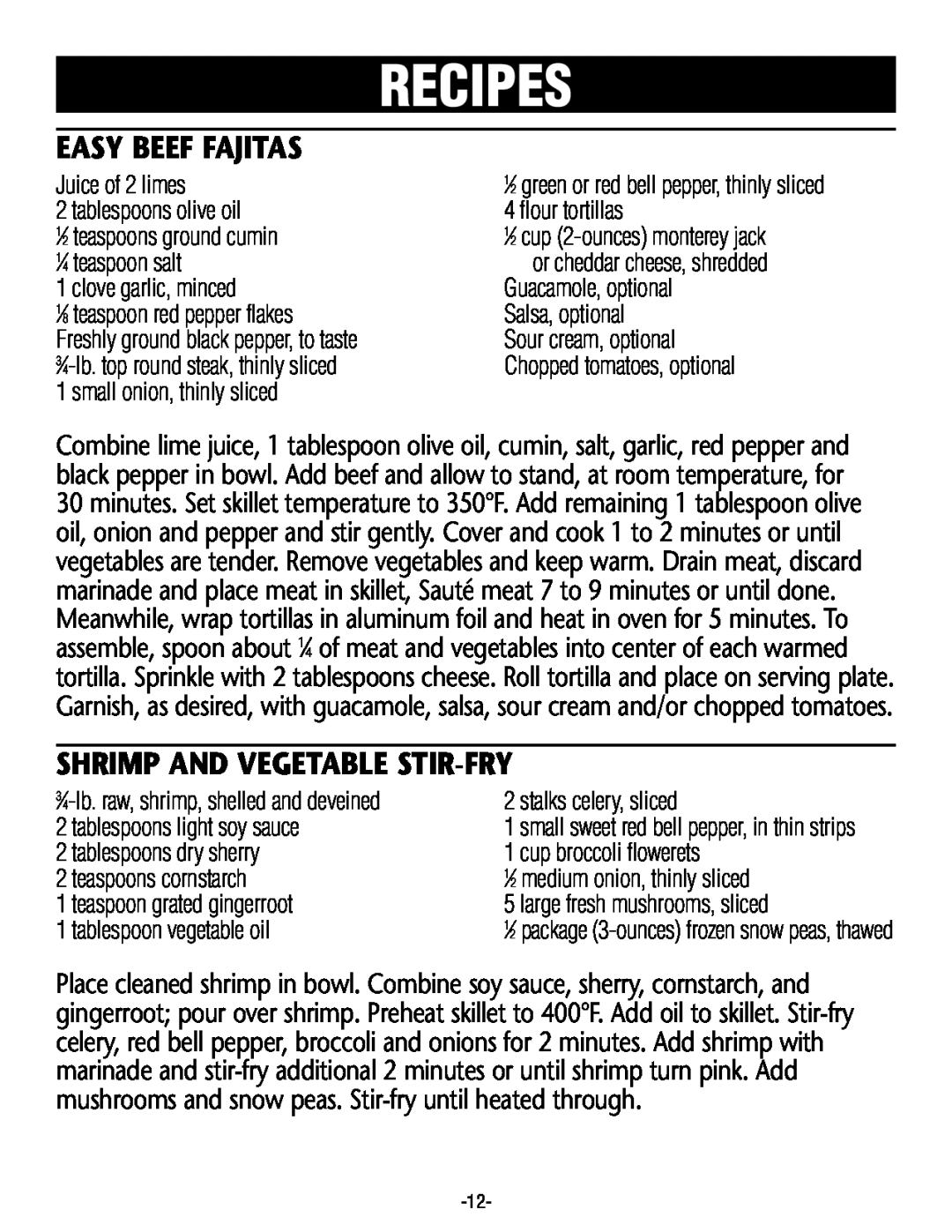 Rival S16RB manual Easy Beef Fajitas, Shrimp And Vegetable Stir-Fry, Recipes 